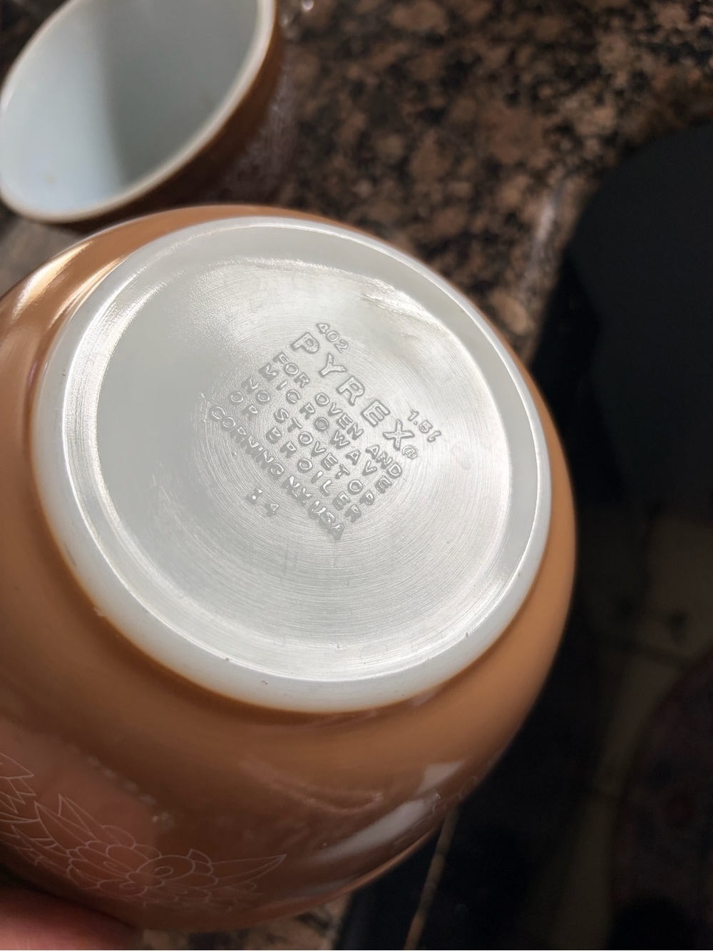 Pyrex Amber Bowl with White Floral Band - Picture 2 of 4